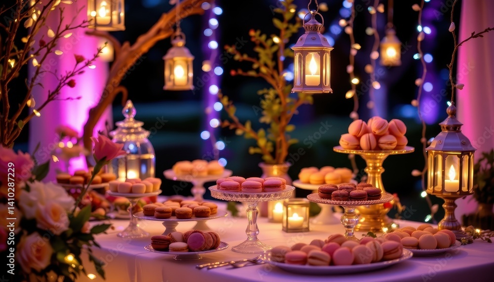 Lantern lit Dessert Buffet: Create a nighttime scene of macarons displayed on a dessert table illuminated by hanging lanterns and fairy lights. Lantern lit Dessert Buffet: Create a nighttime scene of macarons displayed on a dessert table illuminated by hanging lanterns and fairy lights.