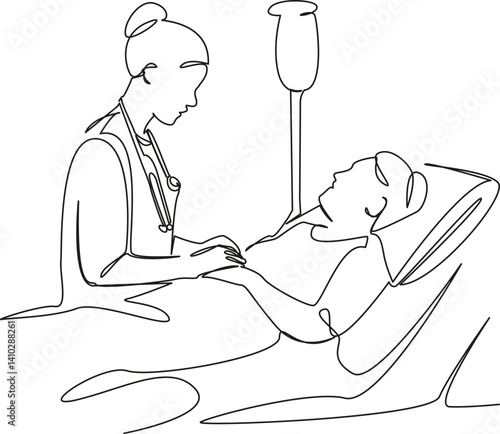 One continuous single drawing line art flat doodle patient, medical, hospital, illness, doctor, bed, aged. Isolated image hand draw contour on a white background, hand drawn, not AI