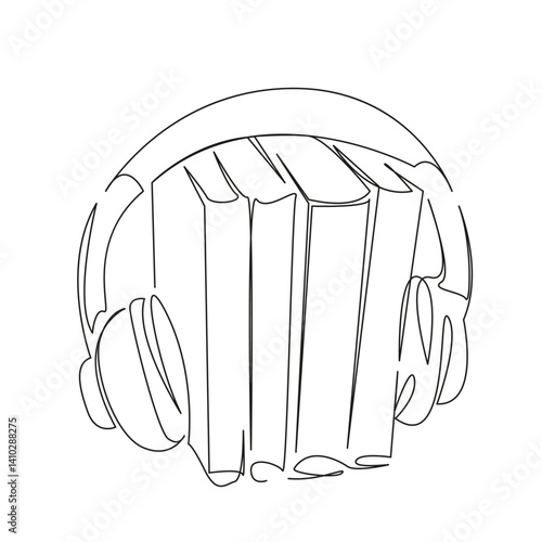 One continuous single drawing line art flat doodle book, education, listen, literature, library, audio, textbook. Isolated image hand draw contour on a white background, hand drawn, not AI