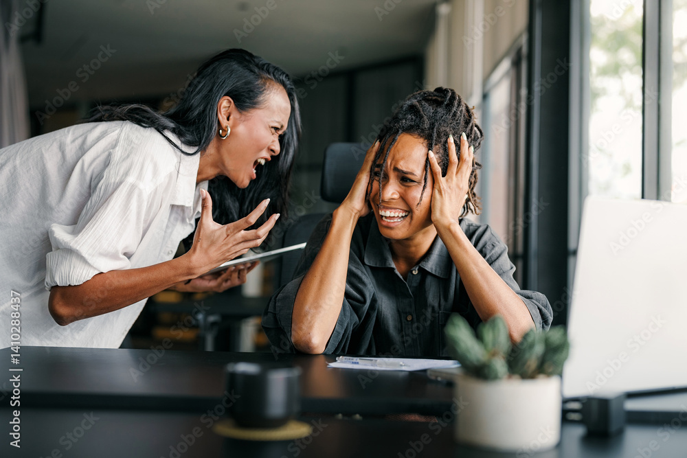 Colleagues arguing at workplace, executives disagree about papers, found error in contract