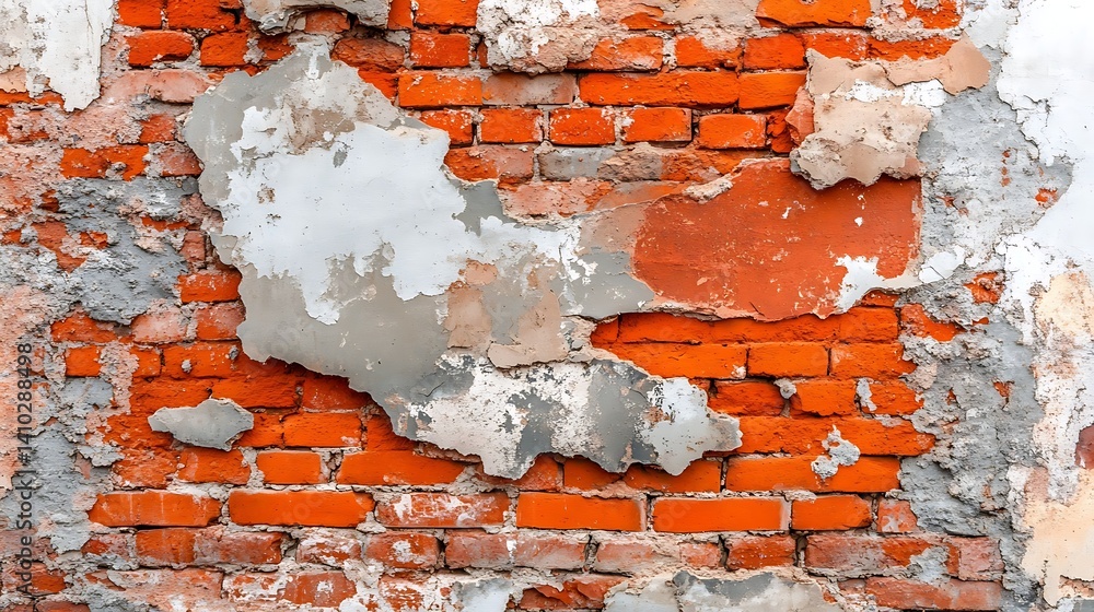 Distressed red brick facade with peeling stucco and rough textures, a building Distressed red brick facade with peeling stucco and rough textures, a building
