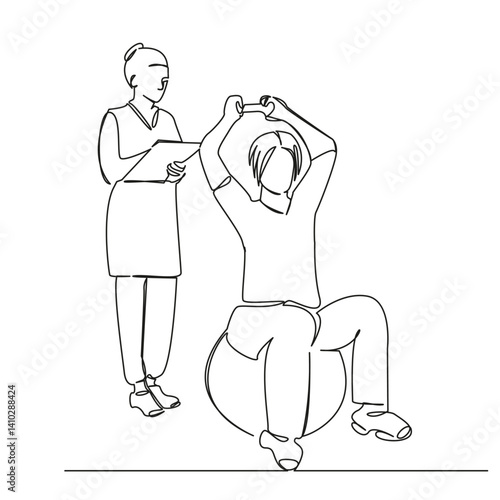 One continuous single drawing line art flat doodle osteopath, patient, doctor, chiropractor, therapy, therapist. Isolated image hand draw contour on a white background, hand drawn, not AI