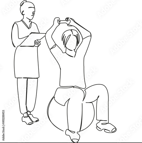 One continuous single drawing line art flat doodle osteopath, patient, doctor, chiropractor, therapy, therapist. Isolated image hand draw contour on a white background, hand drawn, not AI