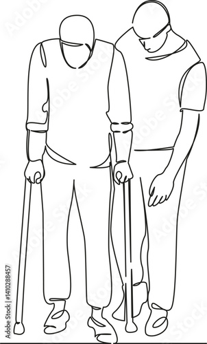 One continuous single drawing line art flat doodle rehabilitation, patient, therapy, doctor, therapist, trauma. Isolated image hand draw contour on a white background, hand drawn, not AI