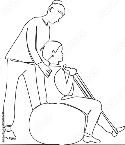 One continuous single drawing line art flat doodle rehabilitation, medical, patient, therapy, physiotherapy, therapist. Isolated image hand draw contour on a white background, hand drawn, not AI