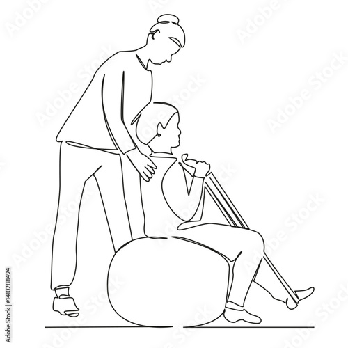 One continuous single drawing line art flat doodle rehabilitation, medical, patient, therapy, physiotherapy, therapist. Isolated image hand draw contour on a white background, hand drawn, not AI