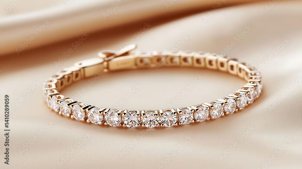 Luxurious tennis bracelet with sparkling diamonds in an infinitylink handcrafted pattern, isolated on a matte beige surface Luxurious tennis bracelet with sparkling diamonds in an infinitylink handcrafted pattern, isolated on a matte beige surface