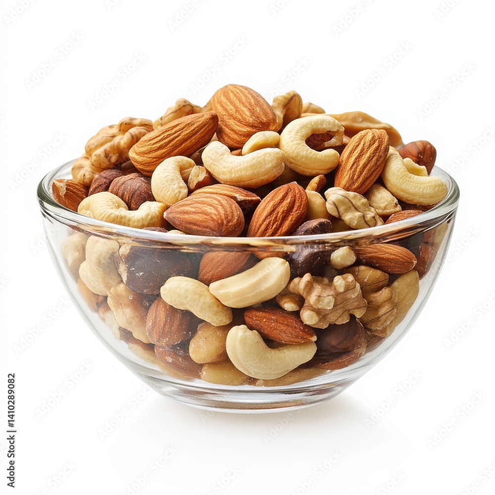 Glass bowl filled with mixed nuts on white background Glass bowl filled with mixed nuts on white background