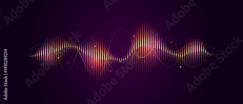 Golden sound wave on dark background, AI voice assistant visualization, Sound wave equalizer, Vector illustration.