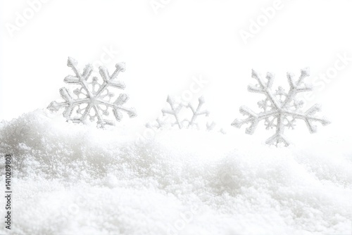 Snowflakes on a snowy drift. Soft, light, wintery scene. Background is a clean, bright white