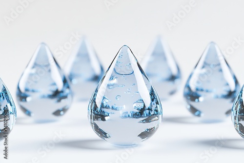 Close-up of multiple clear, droplet-shaped objects filled with water and small bubbles on white background