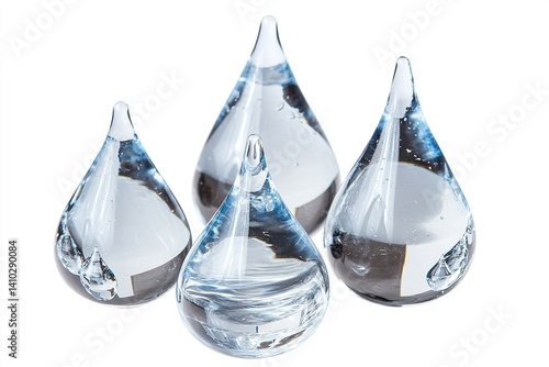 Four water droplet glass sculptures isolated on white, reflecting light. Delicate clear design