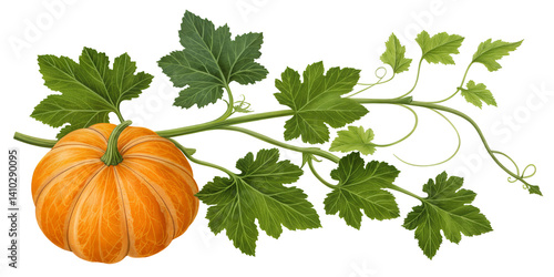 Pumpkin with Green Leaves: An orange pumpkin rests amidst vibrant green leaves and winding vines, creating a charming illustration of harvest and autumn abundance.