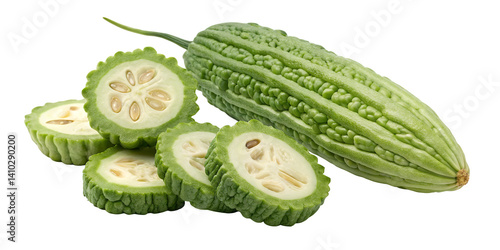 Bitter Melon: Close-up shot of a halved bitter melon showcasing its unique texture and form, a vibrant and healthy ingredient.