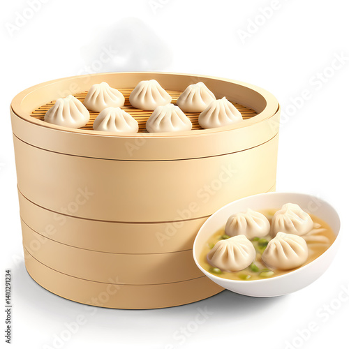 Delicious dumplings in a bamboo steamer and soup bowl for a tasty cuisine meal treat on transparent background