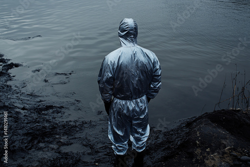 Man standing on the shore looking at polluted sea: man in protective suit looking at dark water filled with oil with worried expression on face photo