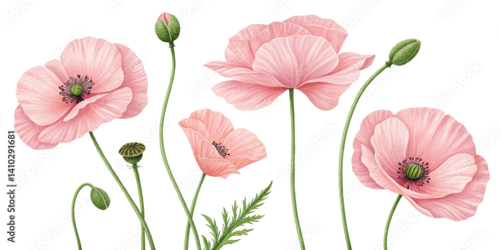 Obraz premium Beautiful pink poppy flowers bloom gracefully in serene garden setting, showcasing their delicate petals and vibrant green stems