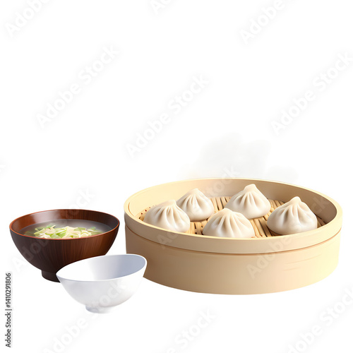 Authentic dumplings served with a side of soup in a traditional bamboo steamer basket on transparent background