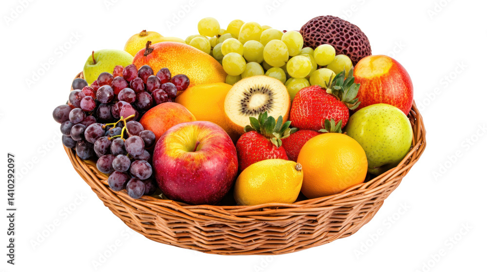 Vibrant fruit basket display kitchen table cutout background bright lighting close-up freshness and health concept Vibrant fruit basket display kitchen table cutout background bright lighting close-up freshness and health concept