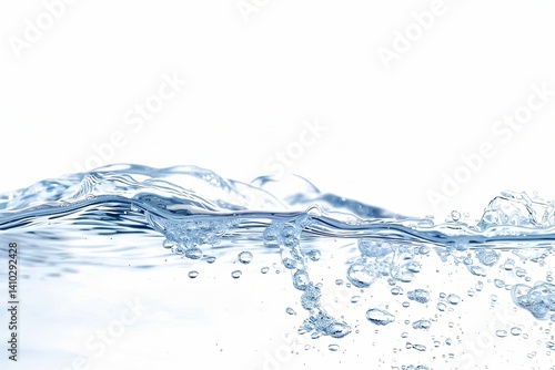 Clear water surface with bubbles, rippling against a white background. Waves create a refreshing and clean aesthetic