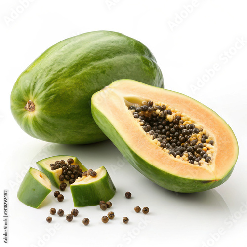 A fresh organic papaya cut in half and isolated on a white background reveals juicy tropical fruit freshness as a healthy exotic food ingredient