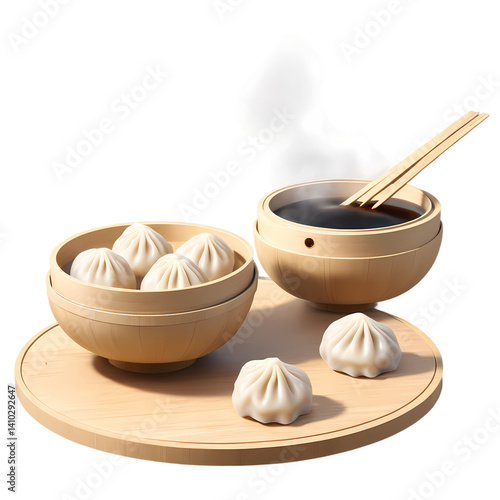 Delicious dumplings with soy sauce and chopsticks on a wooden tray ready to be served on transparent background