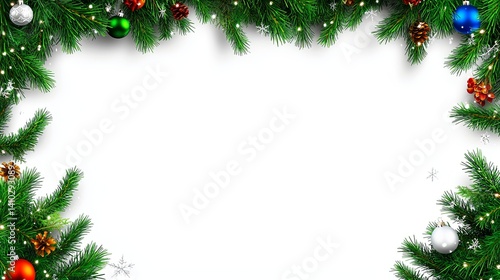 Festive frame pine branches, ornaments, cones, and berries on white. Perfect for holiday greetings