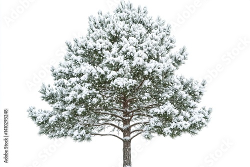 Snow-covered evergreen tree. Crisp winter day. Delicate snow texture. Isolated on bright white background, beautiful winter scene