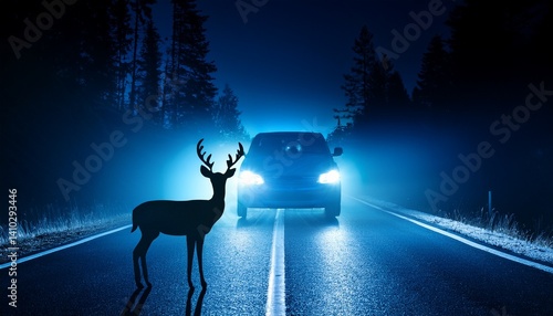 blue deer silhouetted against car headlights on a dark road