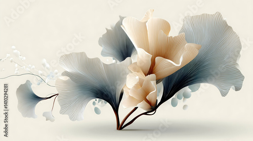 Abstract floral illustration with beige and blue stylized flowers on a light background