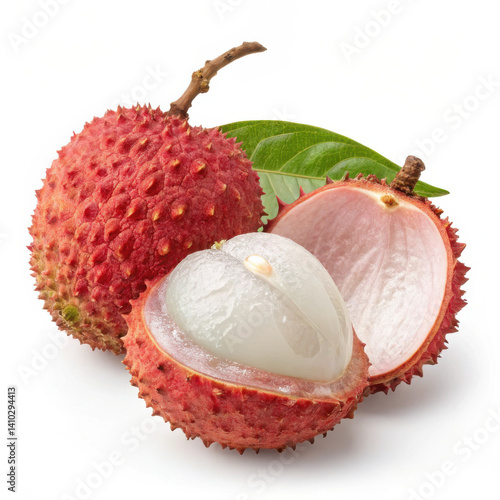 Fresh red lychee fruit with green leaves isolated on a white background as healthy and delicious tropical food