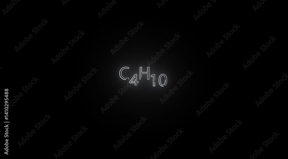 Glowing neon A C₄H₁₀ (isobutane) molecule symbol with a smoke cloud text effect on a black background, representing organic chemistry, fuel applications, and volatility Glowing neon A C₄H₁₀ (isobutane) molecule symbol with a smoke cloud text effect on a black background, representing organic chemistry, fuel applications, and volatility