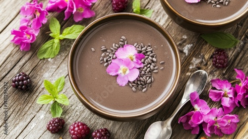 Wallpaper Mural Dark Chocolate Blackberry Smoothie Bowl with Purple Flowers Torontodigital.ca
