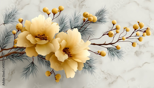Elegant pastel yellow flowers and berries on marble background