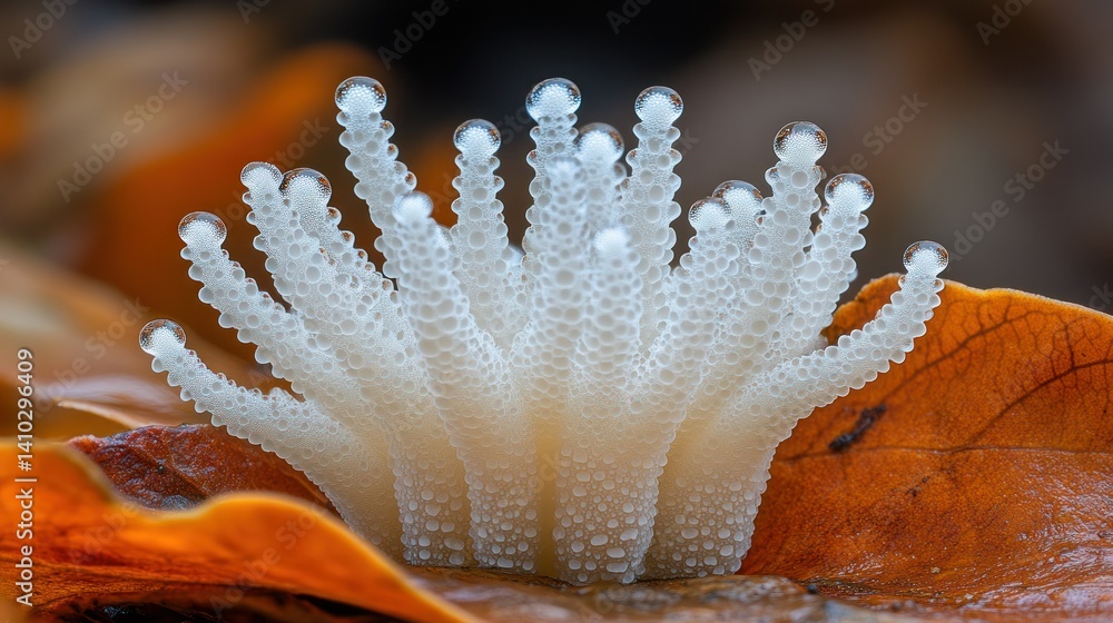 Fototapeta premium Close-up of unique white fungus emerging from autumn leaves in a forest setting