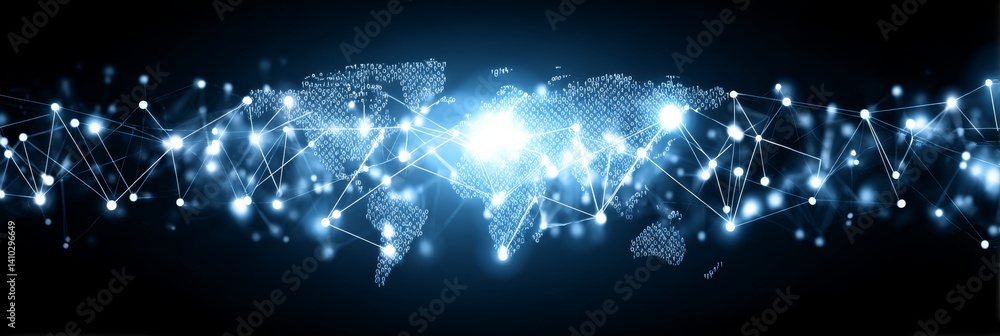 Obraz premium Global Network Connections: Business Structure Analysis - Illustrates global interconnectedness, data flow, communication networks, and worldwide business collaboration. Symbolizing technology