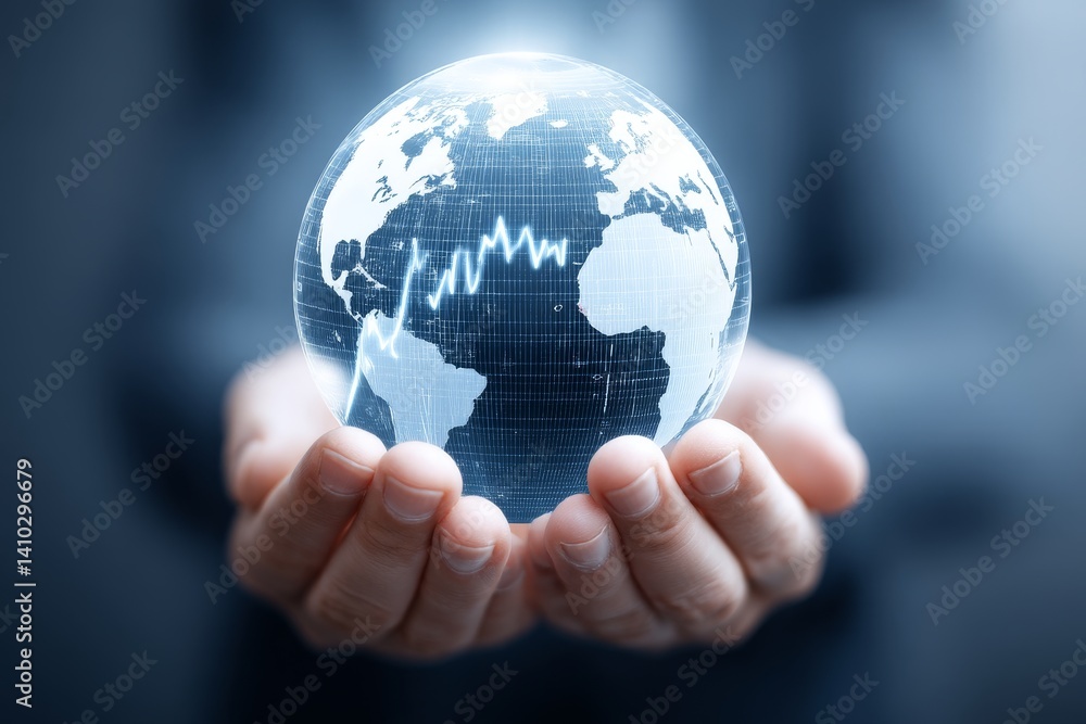 Global Growth in Hands - Hands holding a globe with an upward trending graph, symbolizing worldwide progress and economic growth Global Growth in Hands - Hands holding a globe with an upward trending graph, symbolizing worldwide progress and economic growth
