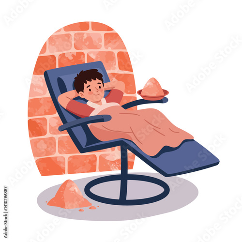 Relaxed young man reclining in a modern lounge chair with salt piles and brick wall background in flat design vector illustration