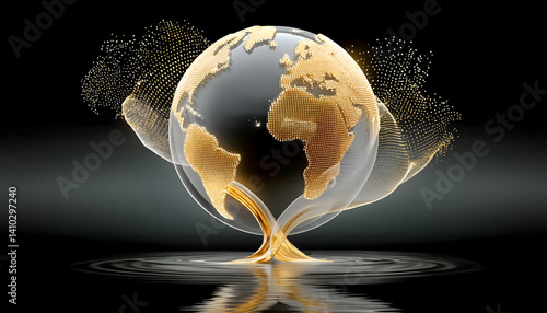 Golden globe with flowing liquid, reflecting on dark surface