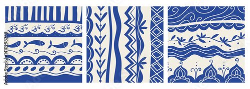 Seamless abstract pattern. Retro hand drawn tropical seamless pattern set. Traditional patchwork style background illustration. Vintage exotic nature textile print collection. Floral