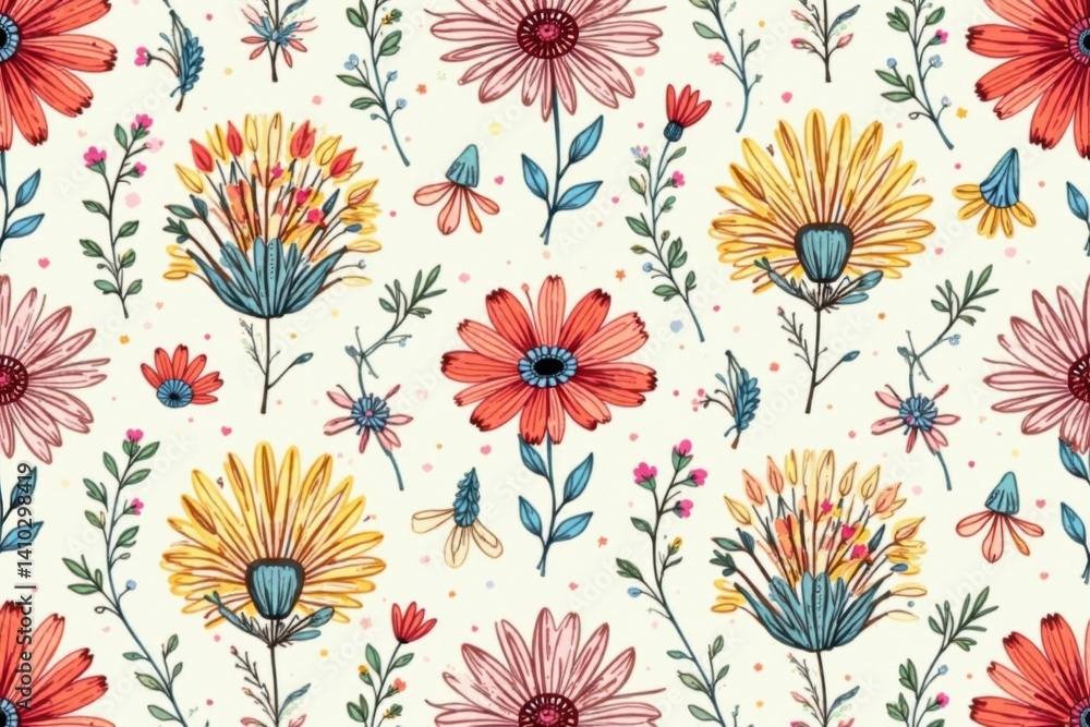 Whimsical floral damask pattern featuring playful, hand-drawn flowers, floral illustrations, Whimsical floral damask pattern featuring playful, hand-drawn flowers, floral illustrations,