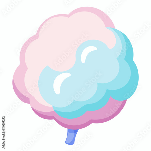 Colorful cotton candy in pink and blue hues, fluffy and light, served on a stick against a blurred background.