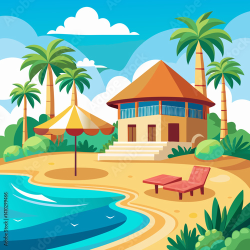Beach Resort illustration with tropical palm trees and poolside