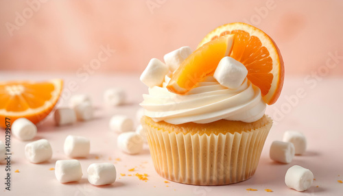 Wallpaper Mural Orange cupcake decorated with fresh orange slices and marshmallows on milk color heavy cream. Close-up muffin on soft background. Dessert, sweets. Torontodigital.ca