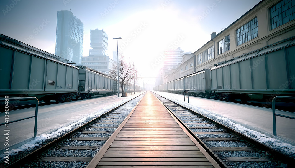 Fototapeta premium Sunlit railway tracks between freight cars and city buildings in winter