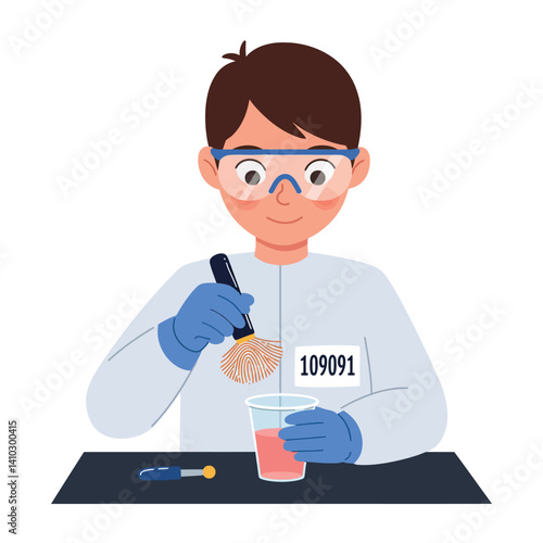 Young forensic scientist in protective gear examining fingerprint with brush and cup in detailed flat vector illustration