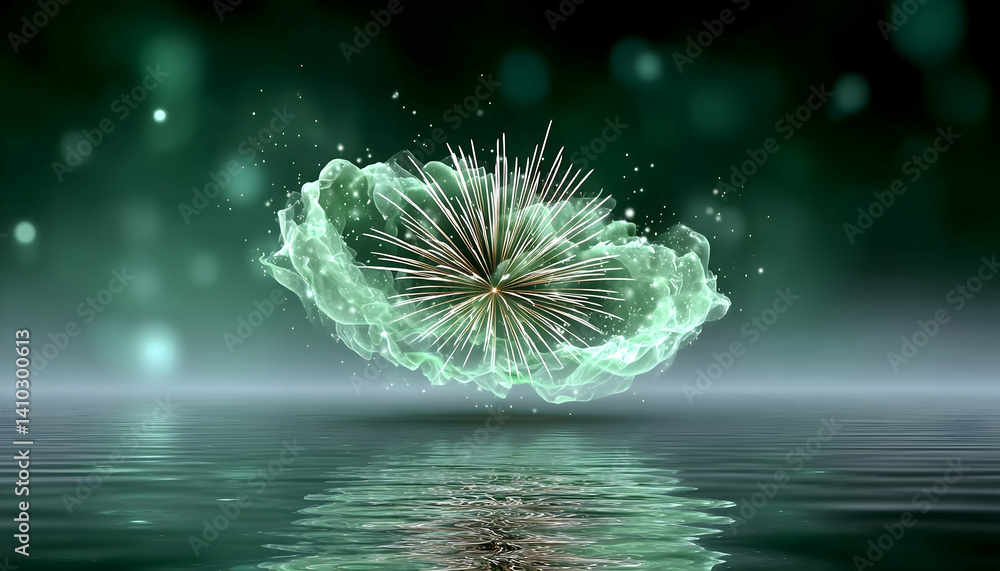 Obraz premium Teal energy burst floats above water, reflecting light