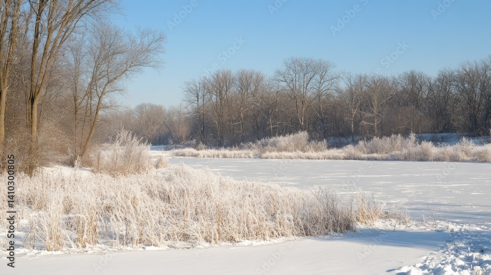 A beautiful snowy winter landscape showing trees and frozen water A beautiful snowy winter landscape showing trees and frozen water