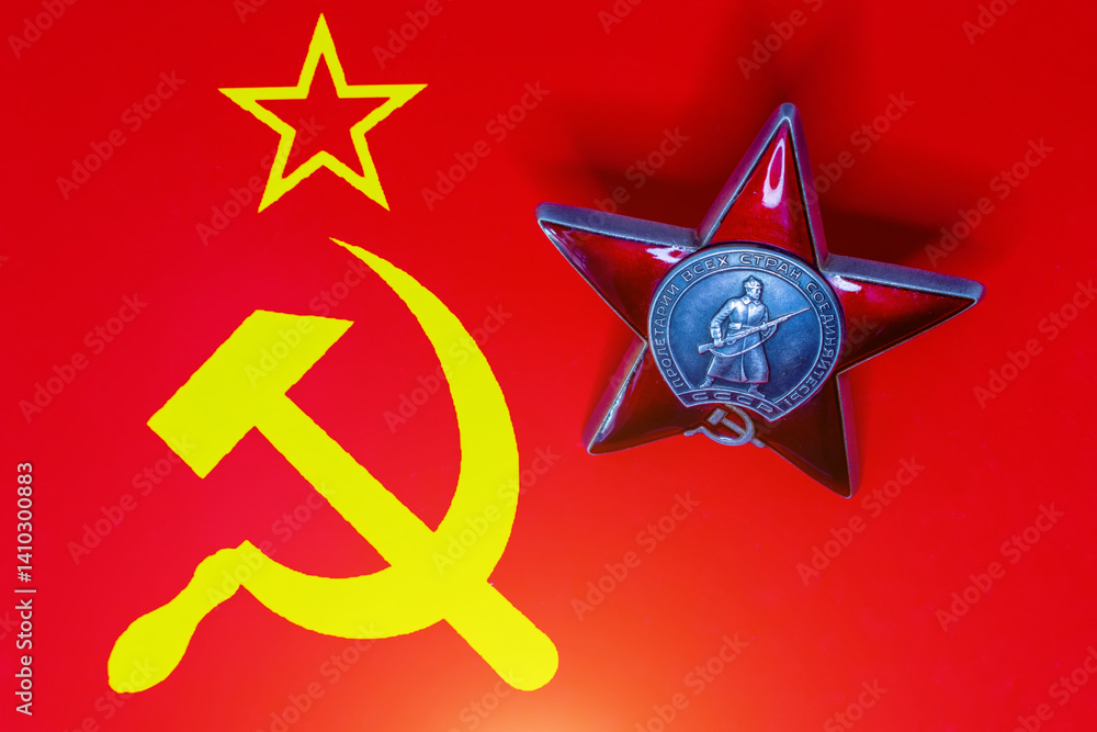 Naklejka premium Order of the Red Star - A model of the Order of the USSR. May 9 Victory Day. Translation of Russian inscriptions: Proletarians of all countries, unite!, USSR