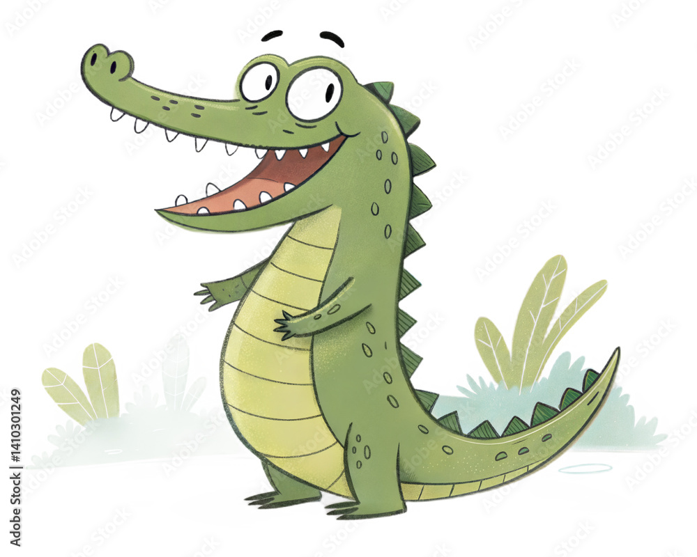 Fototapeta premium Cartoon crocodile smiling joyfully in a light green environment 